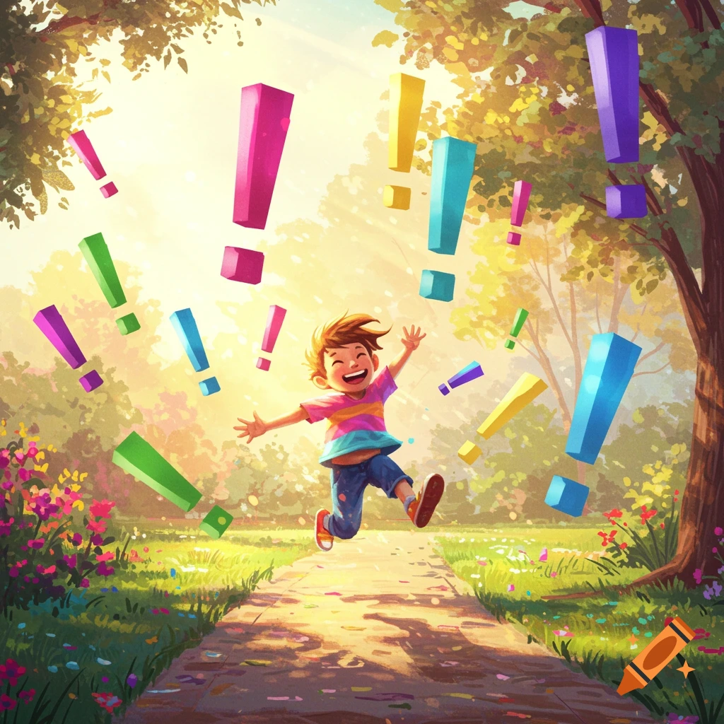 A cheerful child jumps down a sunny park path amidst floating colorful exclamation marks, in a vibrant illustration.