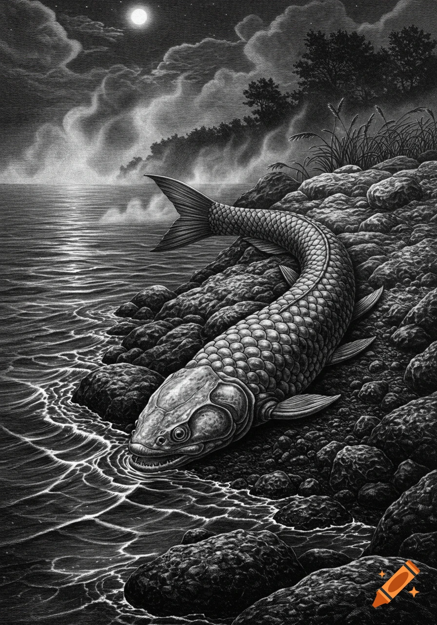 A bold black and white illustration of an ancient-looking fish crawling onto a rocky shore from the water under a full moon at night.