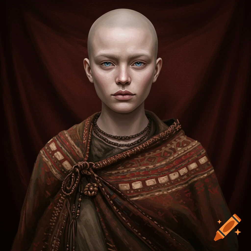 Portrait of a young woman with a shaved head, pale skin, blue eyes, and a serious expression, wearing a patterned tribal robe.