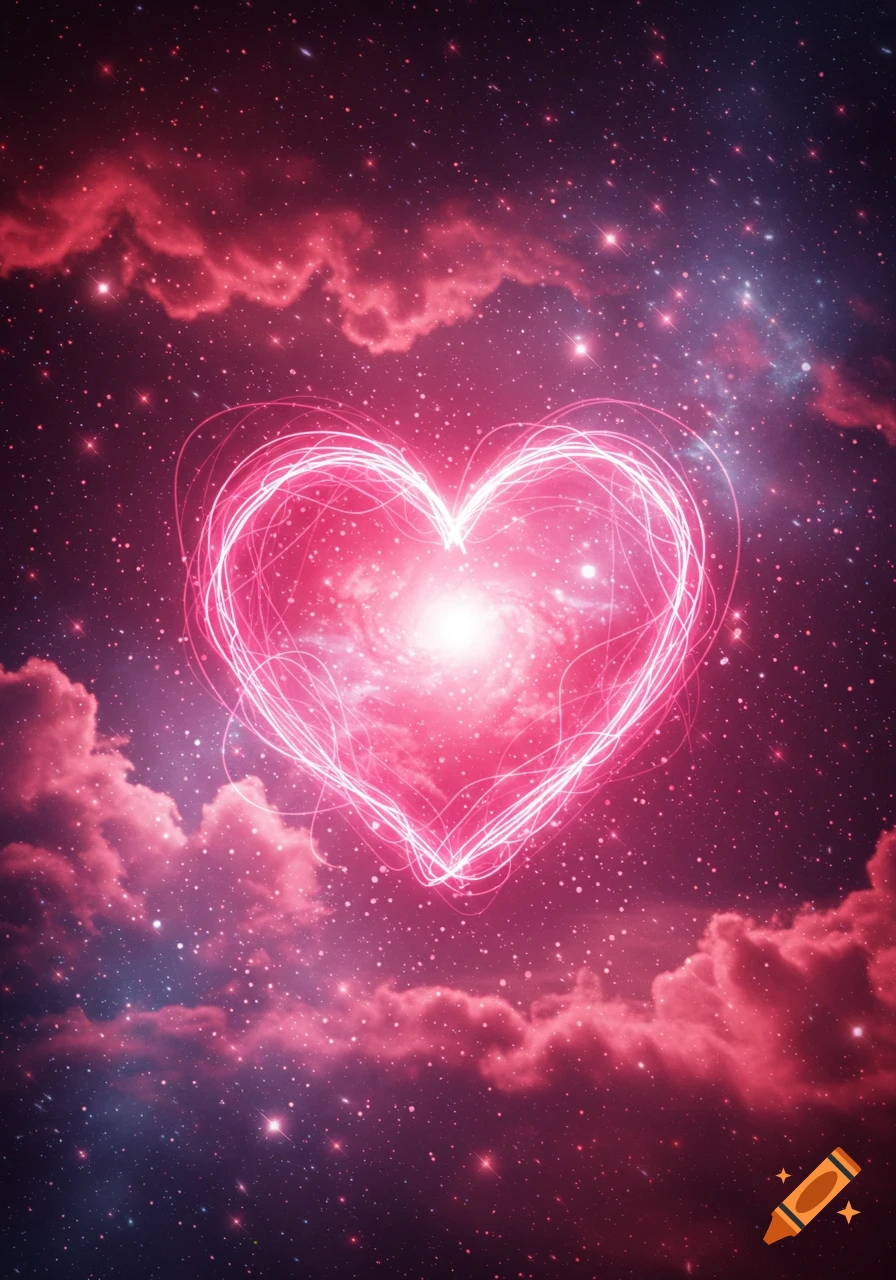 A glowing pink heart made of light trails against a dark, starry space background with pink and purple nebulae.
