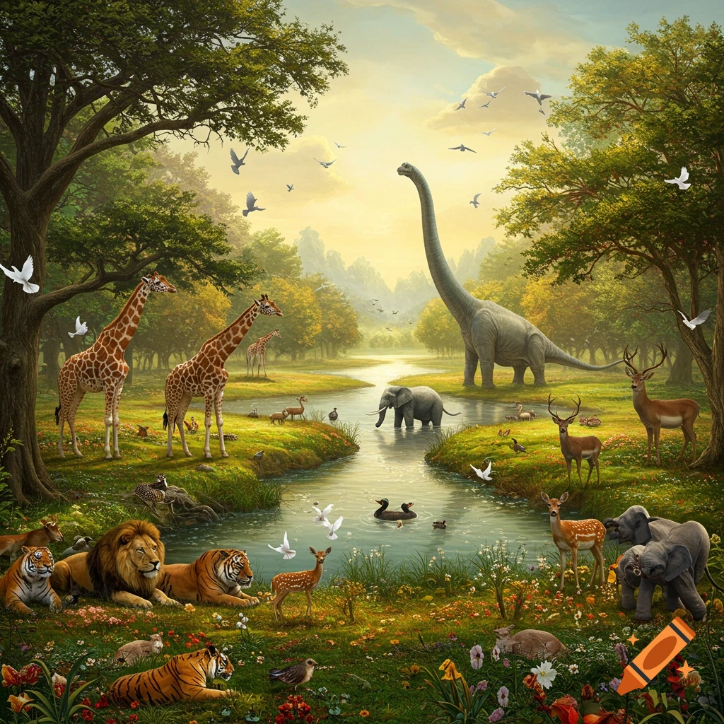 A painterly Garden of Eden with giraffes, lions, tigers, elephants, deer, and a dinosaur by a winding river.