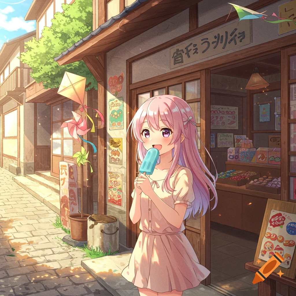 An anime girl with pink hair eats a blue popsicle outside a traditional Japanese shop on a sunny day.
