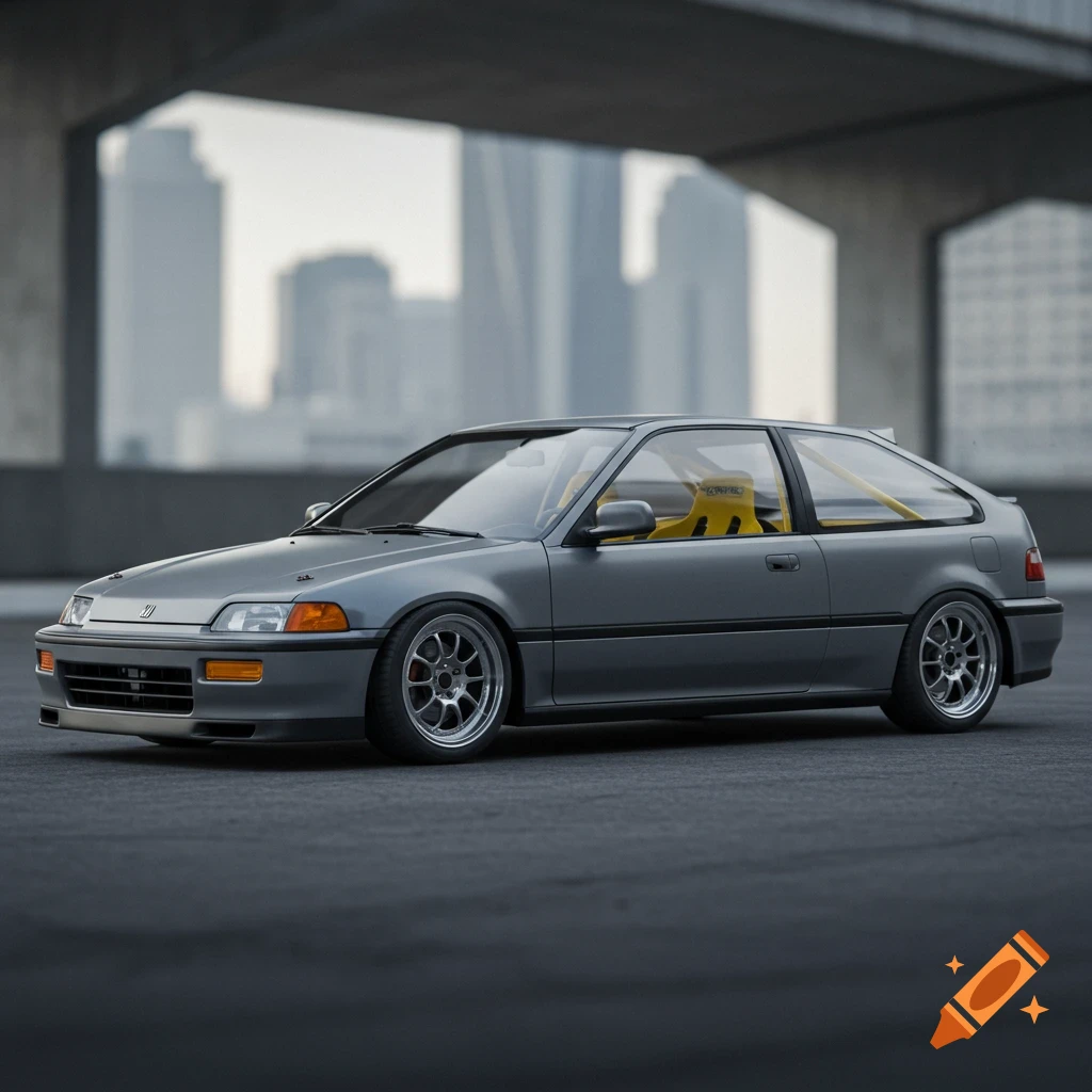 A grey 1992 Honda Civic with a yellow roll cage parked in an urban setting under a concrete structure.