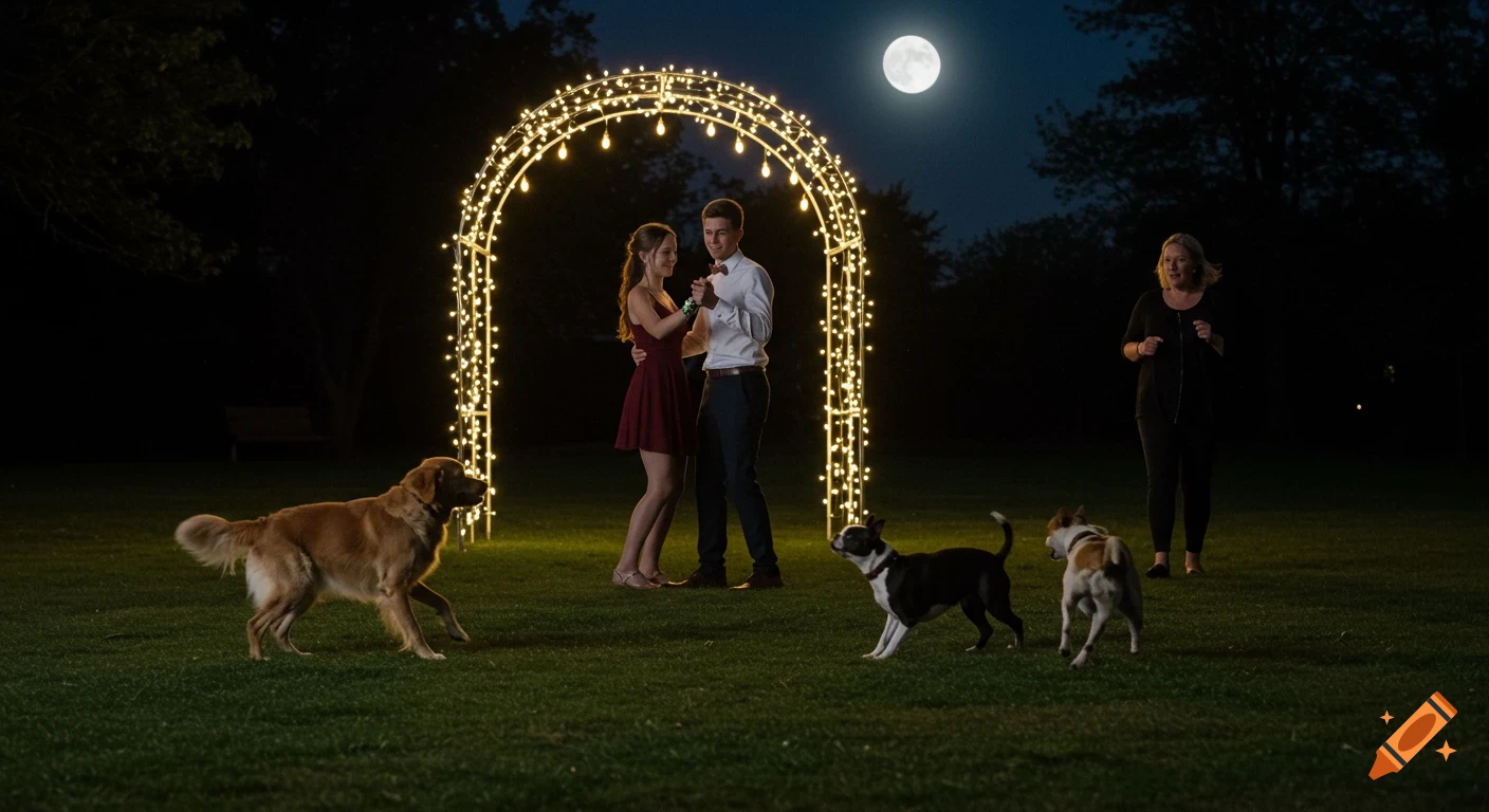 A young couple dances under a glowing archway at night, illuminated by a full moon, with dogs and another person in the foreground. Photorealistic.
