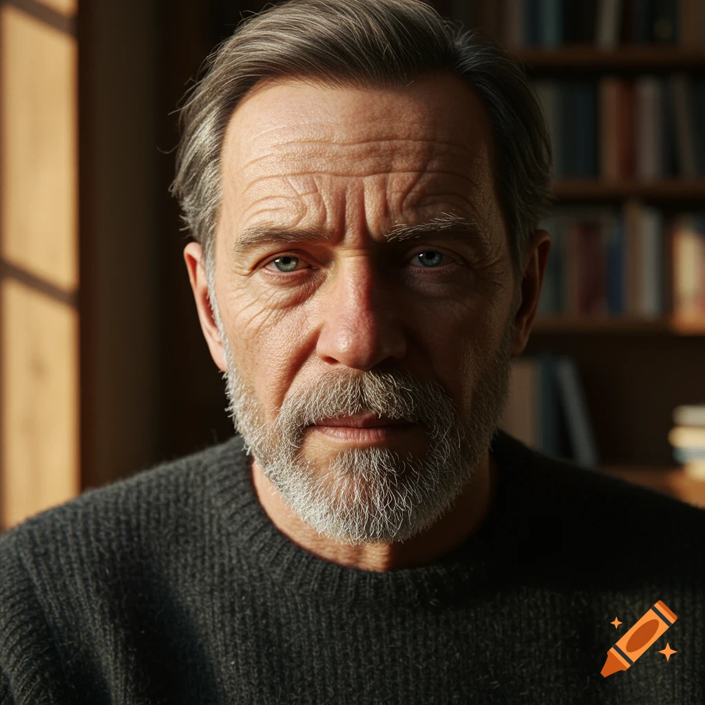 Photorealistic portrait of an older man with gray hair and beard, looking intently at the viewer, with a bookshelf in the background.