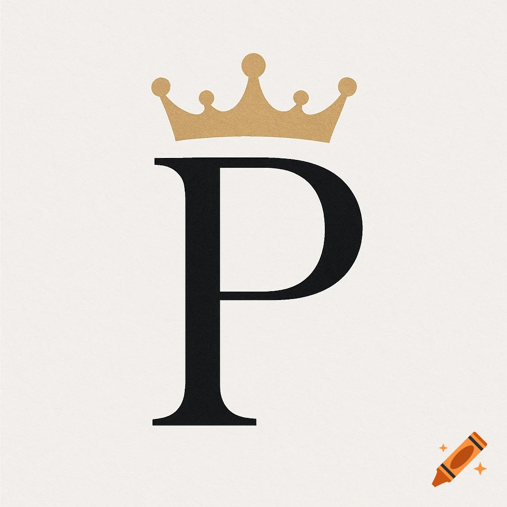 Minimalist luxury logo of a black letter P with a gold crown above it, on a light background.