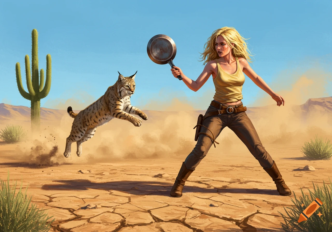 A blonde woman wields a frying pan as a bobcat leaps at her in a dusty desert landscape with a large cactus, digital art.
