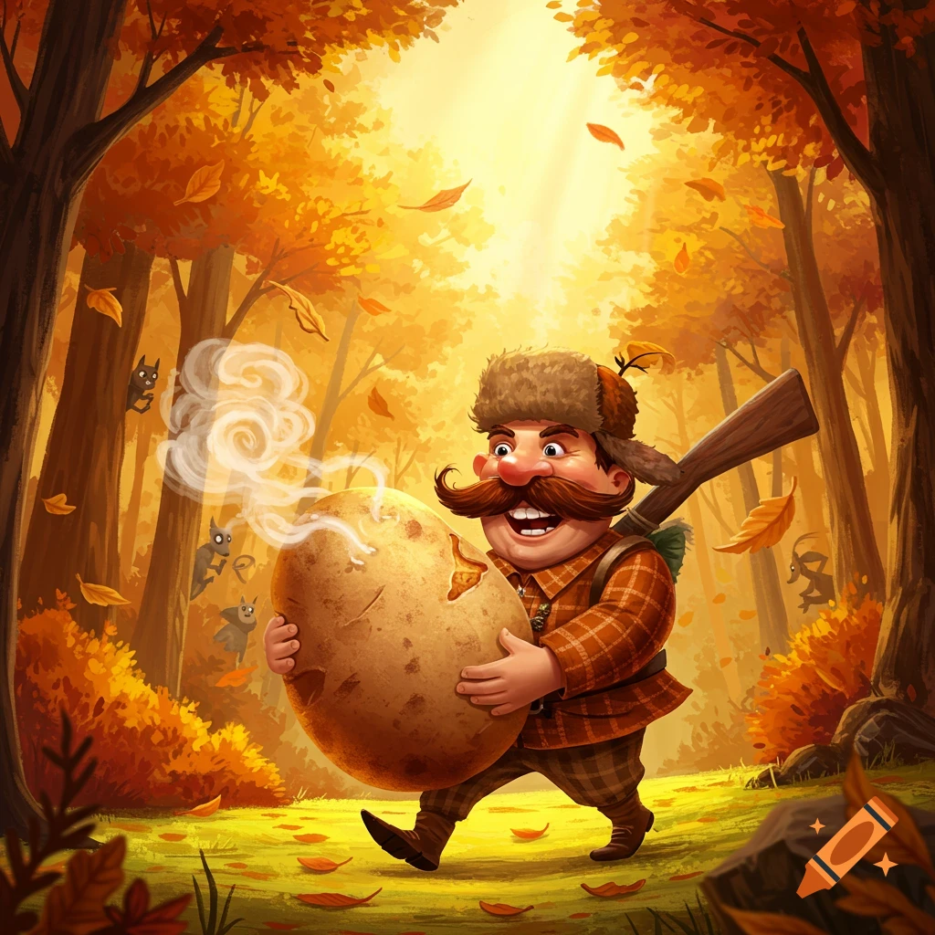 A cartoon hunter carries a steaming, large potato through an autumn forest with falling leaves.