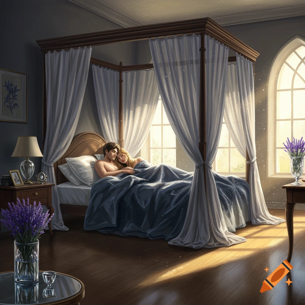 A couple embraces in a sunlit four-poster bed in a cozy bedroom with lavender flowers.