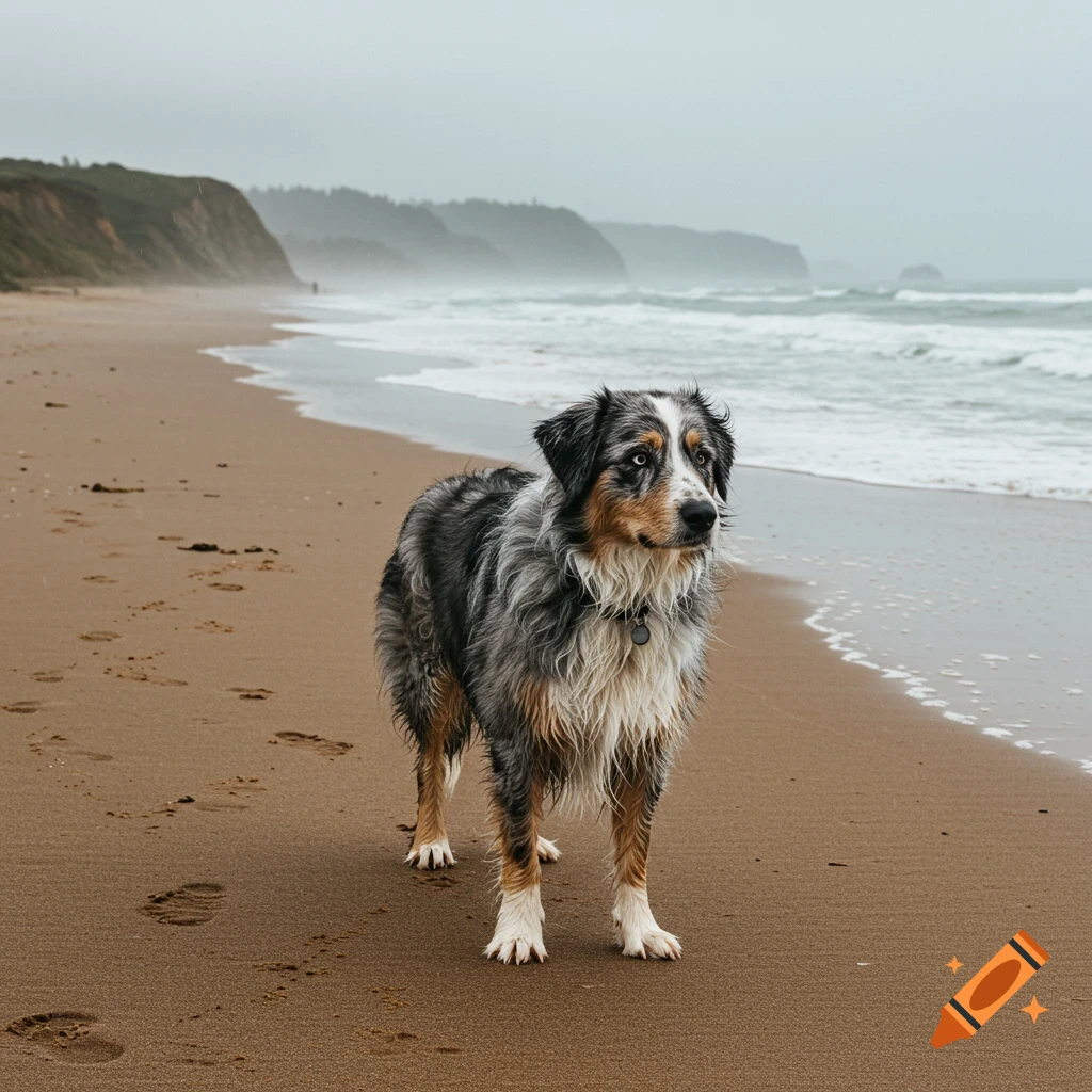 A wet Australian Shepherd stands on a sandy beach with misty cliffs and waves in the background on a rainy day.