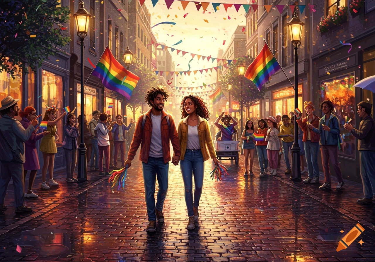 A diverse couple walks hand-in-hand down a festive city street adorned with rainbow flags and confetti during a Pride celebration.
