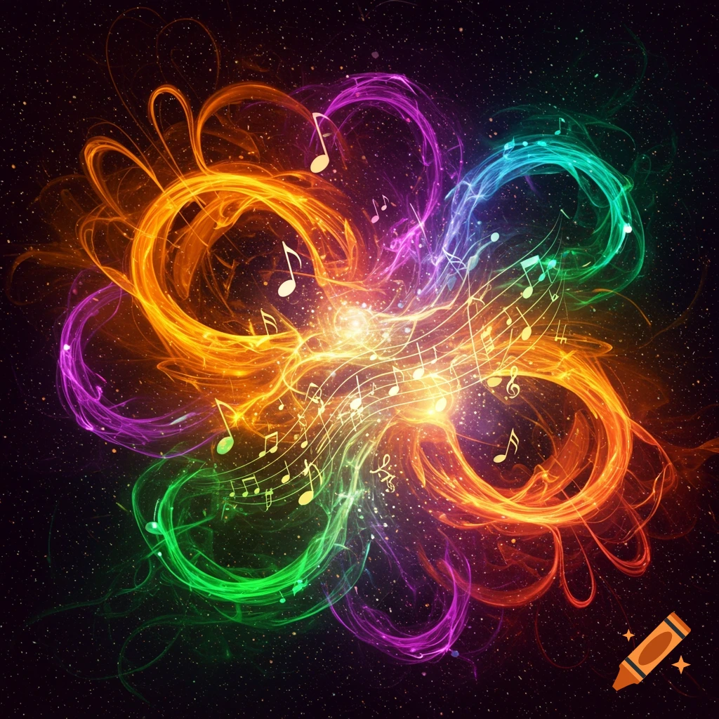 Vibrant, swirling abstract light in rainbow colors with musical notes and staves floating on a dark, starry background.