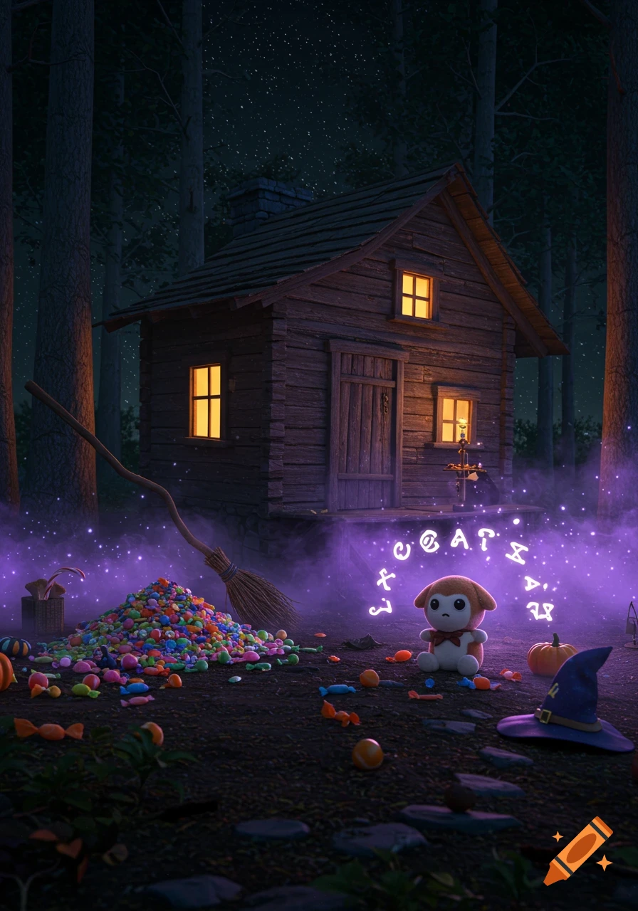 A charming Halloween scene with a cozy wooden cabin in a starry forest, a pile of colorful candy, a broom, and a plush toy surrounded by purple magical mist and glowing runes.