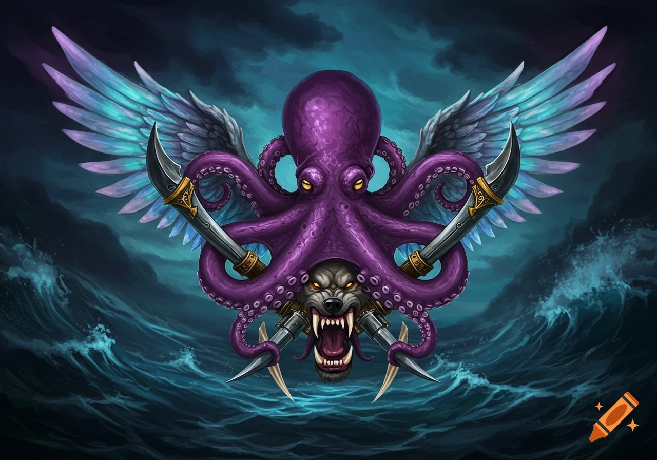 A majestic purple octopus emblem with outstretched iridescent wings, holding two ornate daggers, and a snarling wolf head integrated below its body, against a stormy ocean background.