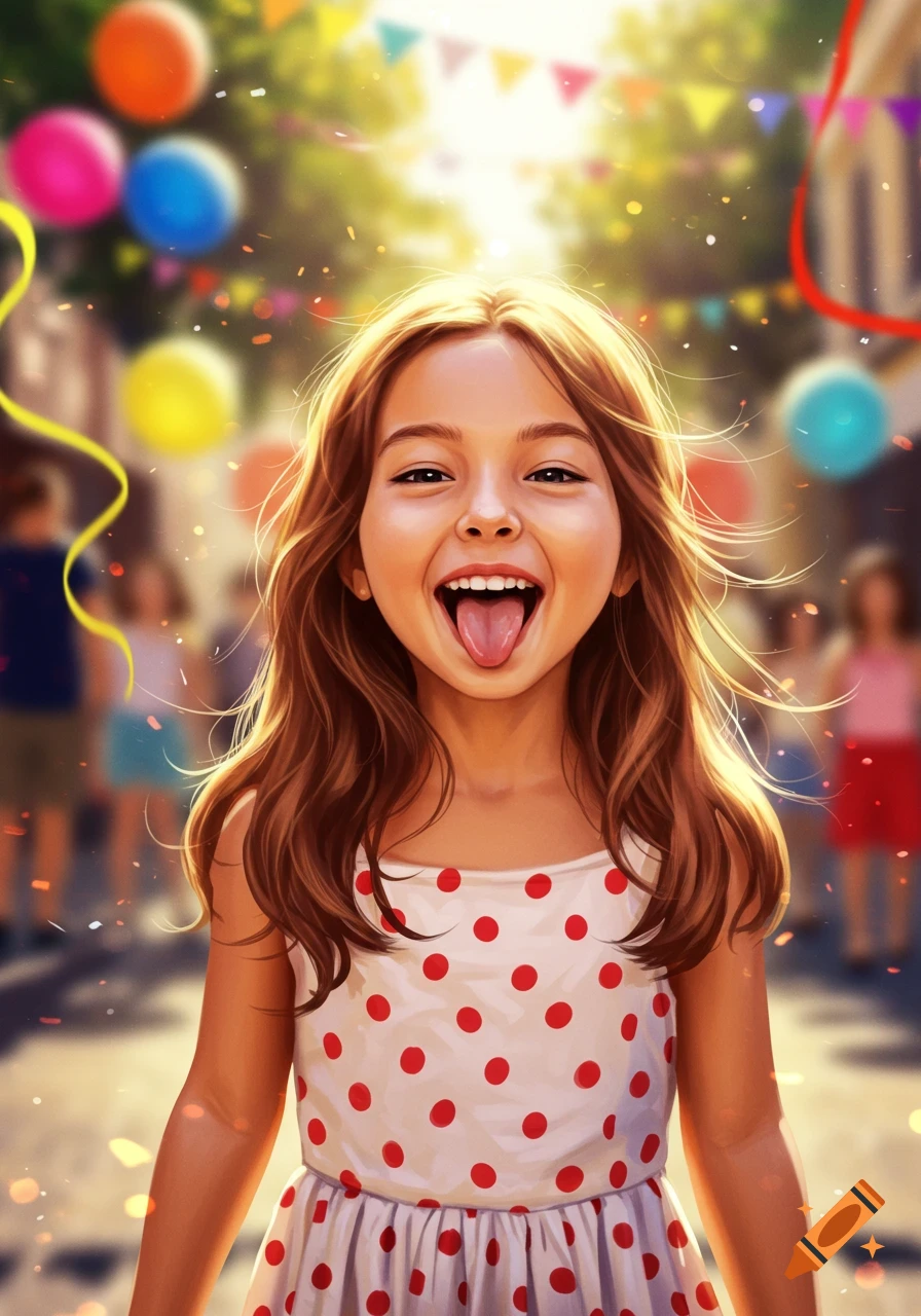 A happy young girl in a polka dot dress laughs with her tongue out at a sunny outdoor celebration with balloons and confetti.