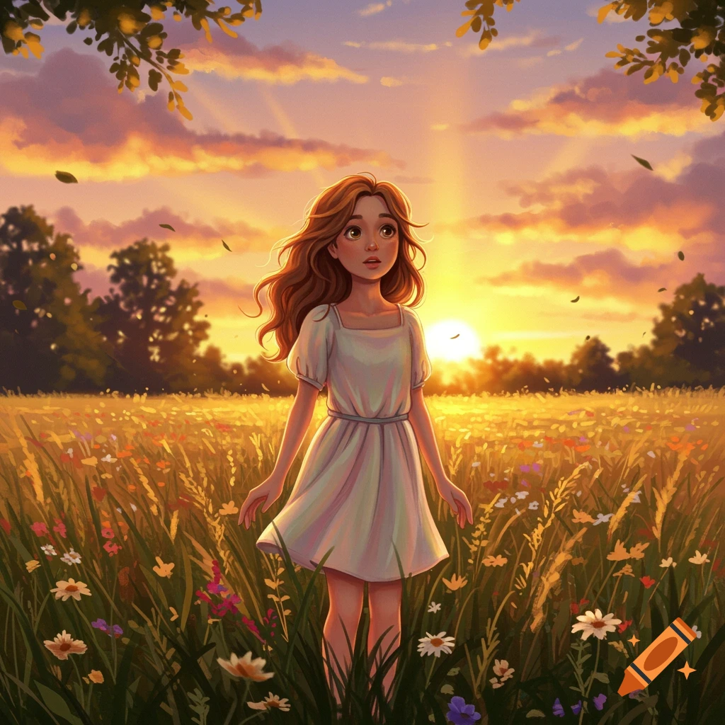 Illustrative image of a young girl with long brown hair standing in a field of wildflowers during a vibrant sunset.