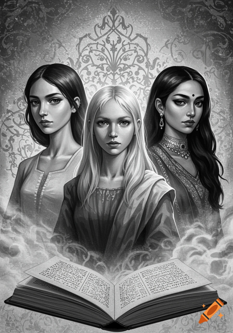 Black and white illustration of three young women, one with blonde hair in the center, flanked by two with dark hair, standing behind an open book shrouded in mist.