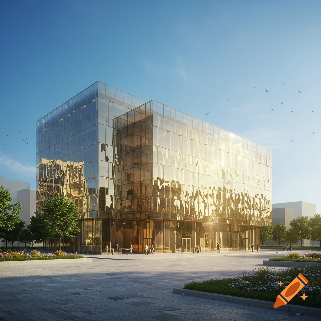 Photorealistic image of a modern building with a golden mirrored glass facade under a clear blue sky, with trees and a plaza.