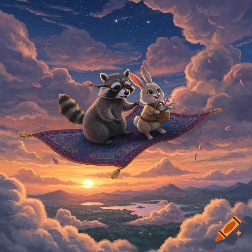 A cute raccoon with goggles and a bunny on a magic carpet flying through a sunset sky filled with clouds.