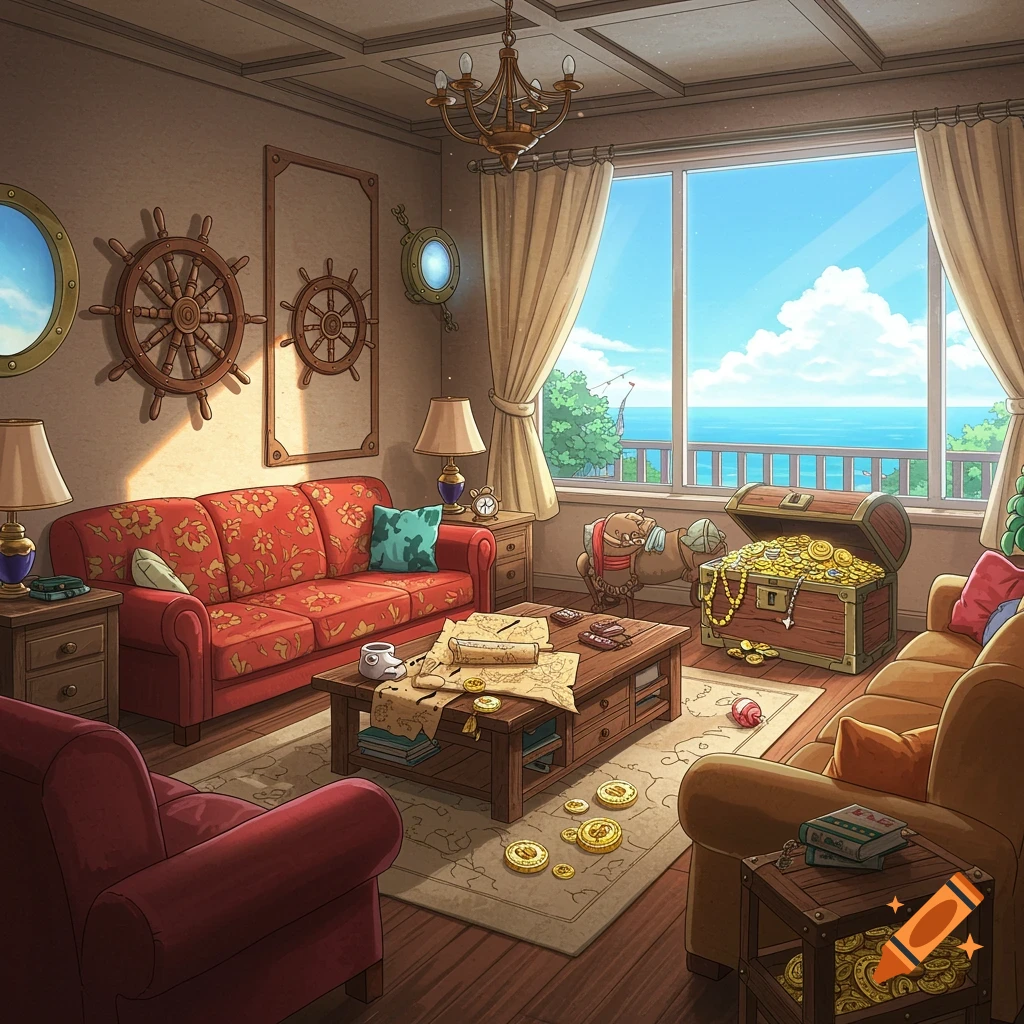 An anime-style living room decorated with ship wheels and a treasure chest, overlooking the ocean.
