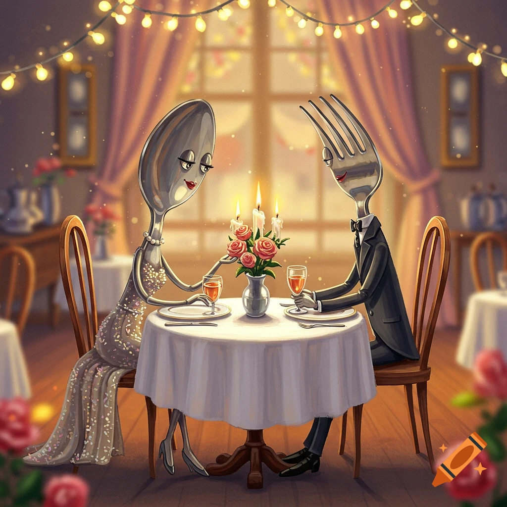A whimsical illustration of a spoon and a fork, personified as a woman and a man, on a romantic date in a restaurant, surrounded by twinkling lights and candles.
