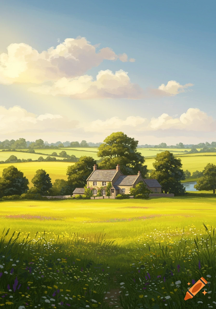 A vibrant digital painting of a quaint stone house surrounded by lush green fields, trees, and distant hills under a bright, cloudy sky.