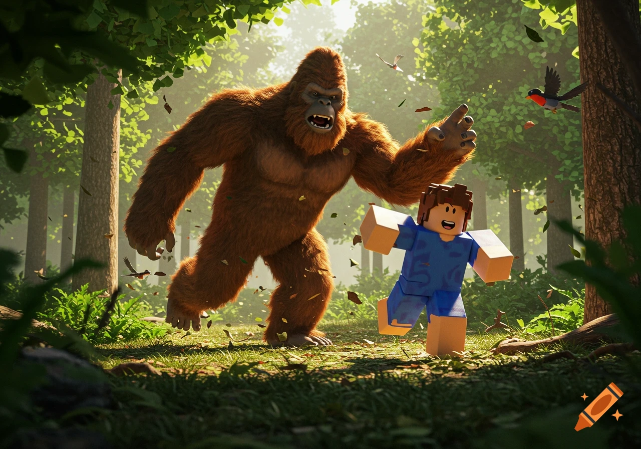 A large brown Sasquatch chases a blocky Roblox character through a sunlit forest, with leaves falling around them.