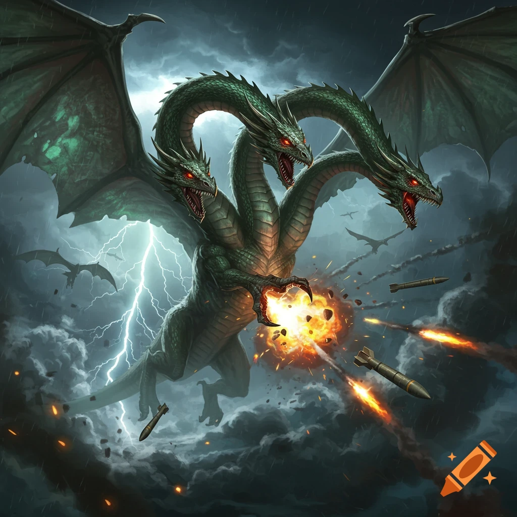 A powerful three-headed green hydra with red eyes in a stormy sky, striking an explosion amidst flying missiles and lightning bolts.