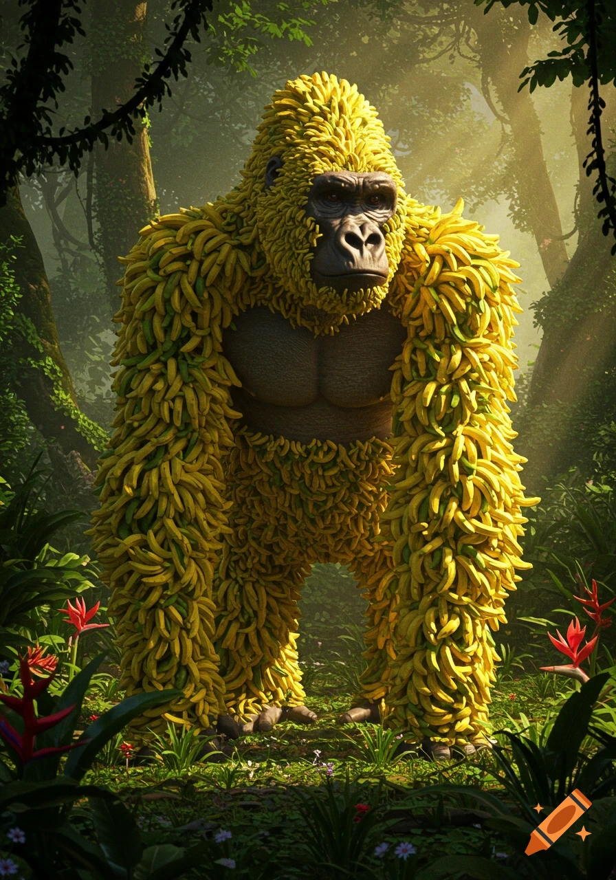 A large gorilla with fur made entirely of yellow bananas stands in a sunlit jungle.