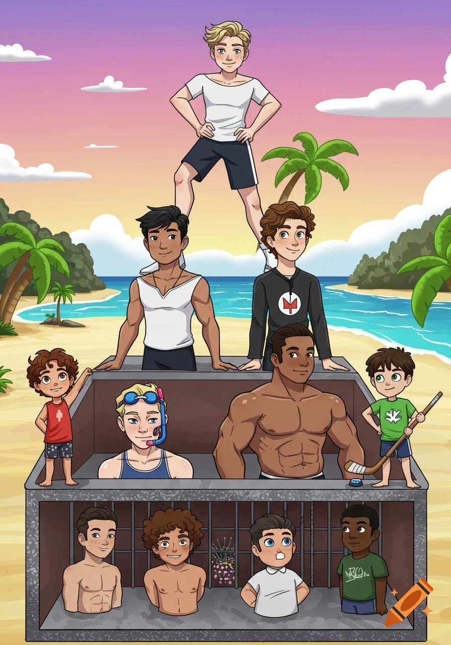 A colorful cartoon of various boys on a tropical beach. Some boys form a pyramid, while others are in a 'boyfriend prison' and 'dungeon' at the bottom.