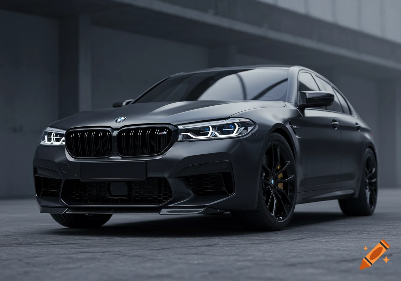 A matte black 2024 BMW M5 F90 CS, viewed from a slightly low angle, showcasing aggressive details against a blurred background.
