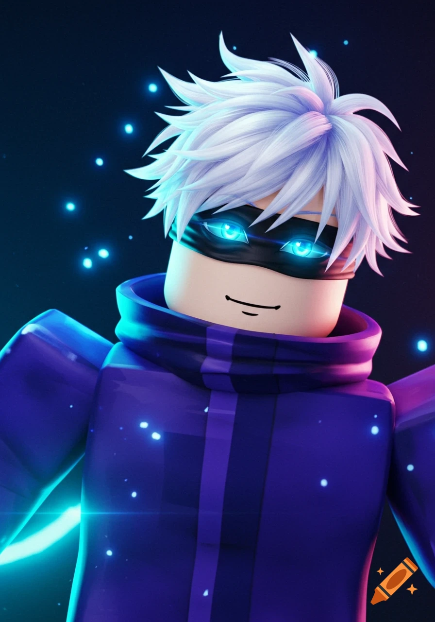 Roblox-style Gojo Satoru with white spiky hair, wearing a black blindfold with glowing blue eyes, and a purple hoodie, against a dark background with blue lights.