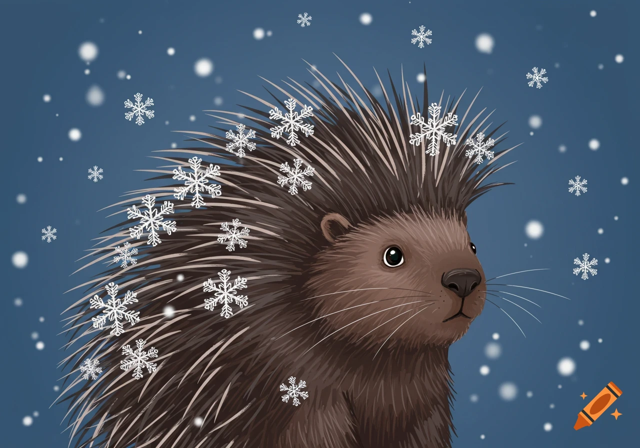 A cute porcupine with snowflakes on its quills, against a blue background, in a clip art style.