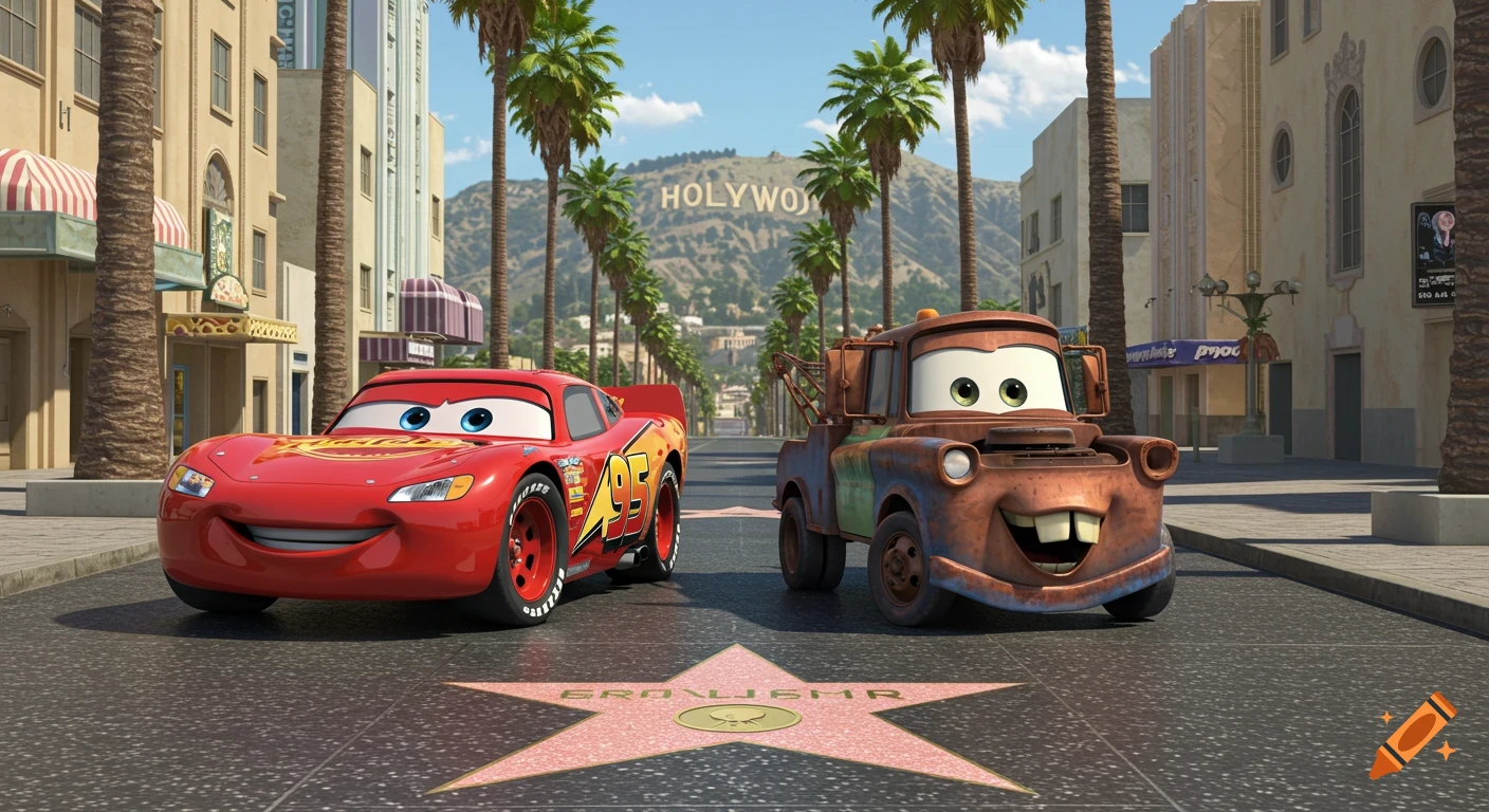 Lightning McQueen and Tow Mater pose on the Hollywood Walk of Fame, with palm trees and the Hollywood sign in the background. The image is a high-quality 3D Pixar-style rendering.