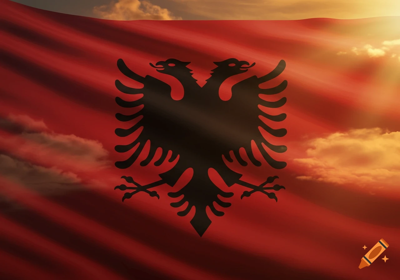 The red flag of Albania with a black double-headed eagle in the center, set against a cloudy sunset sky.