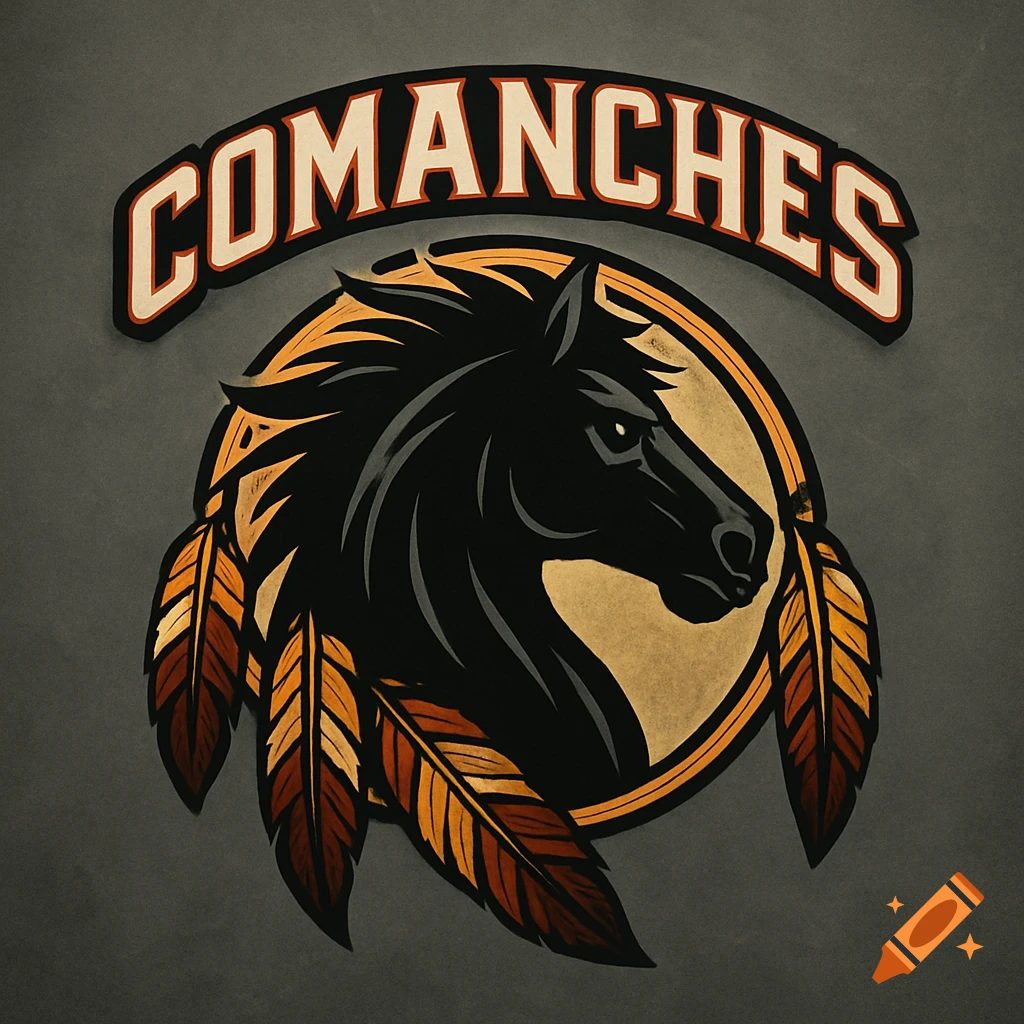 A stylized black horse head with feathers and the word 'COMANCHES' above it, resembling a team logo.