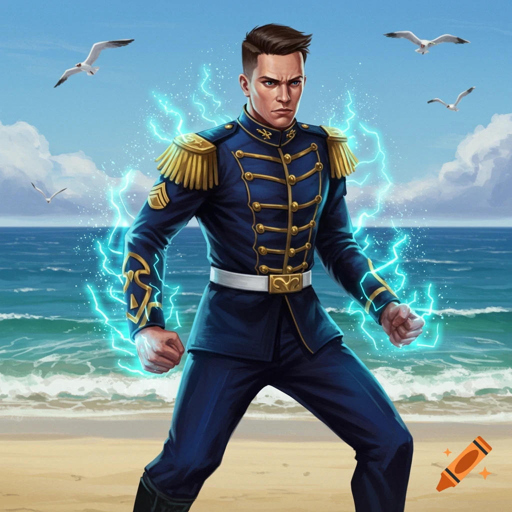 A male marine trainee in a blue uniform with gold epaulets stands on a sandy beach with crackling blue energy around him.