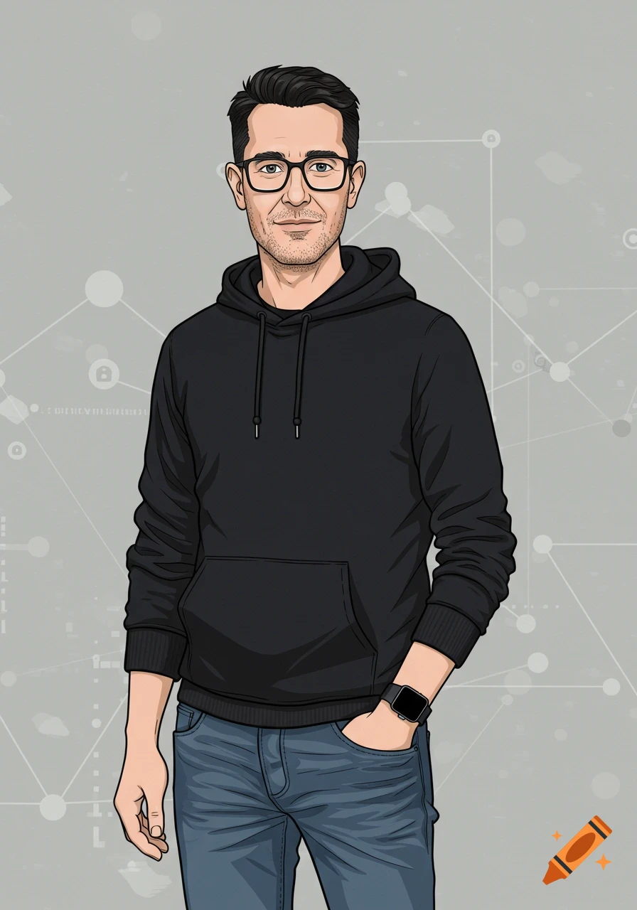Cartoon portrait of a man with glasses, a dark hoodie, and jeans, standing against a grey background with subtle tech graphics.