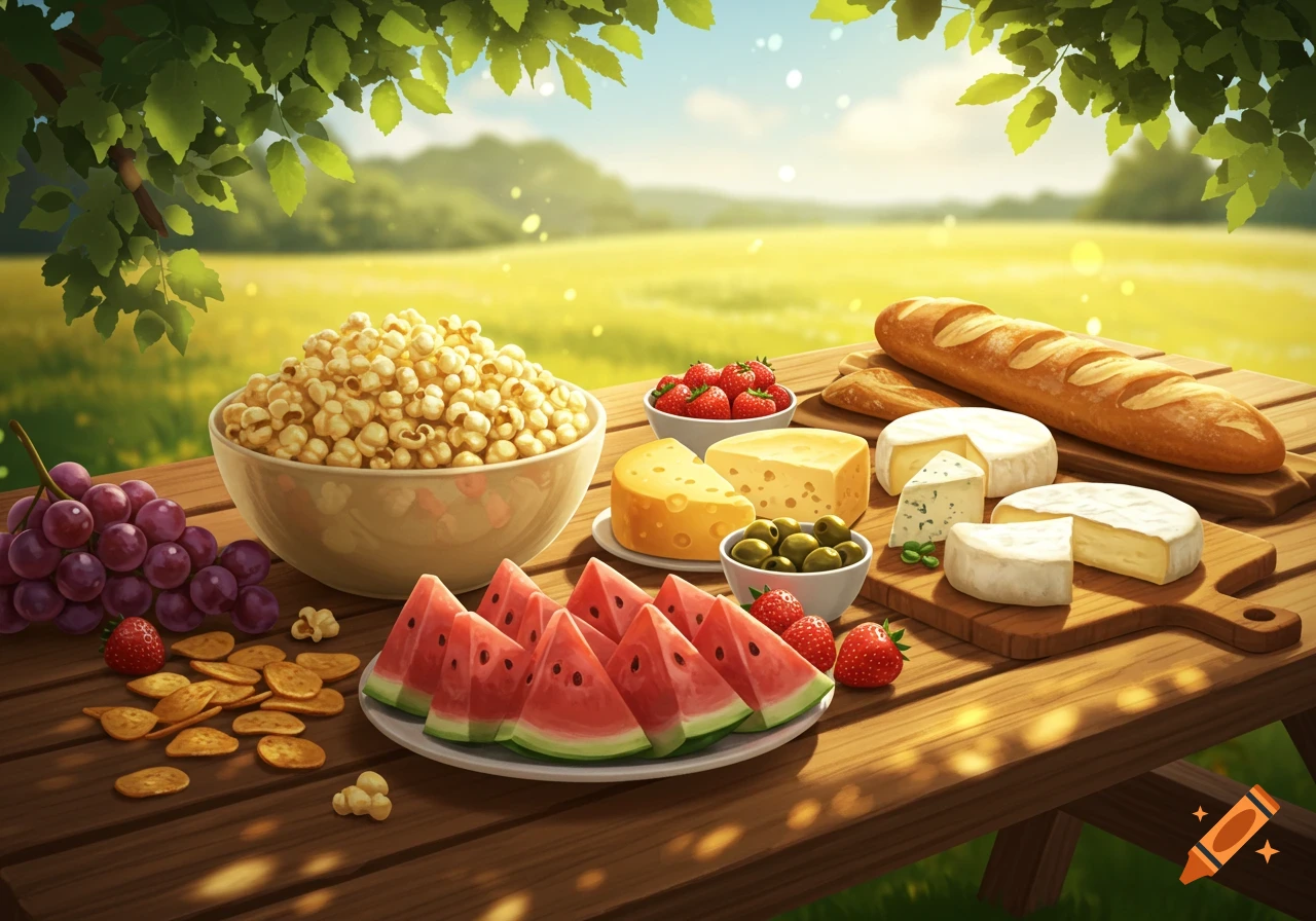 A delightful picnic spread on a wooden table in a sunny field, featuring popcorn, watermelon, grapes, cheese, bread, strawberries, and olives.