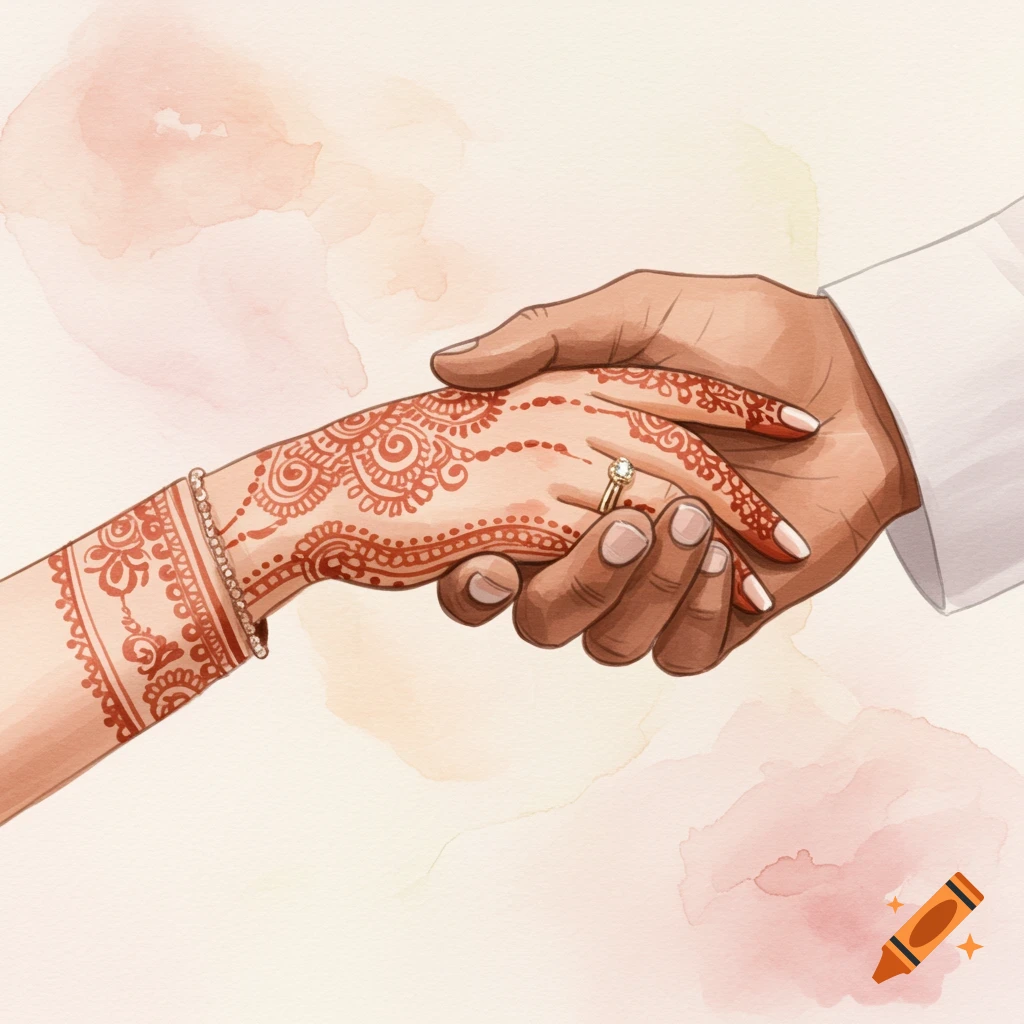 Watercolor painting of a bride's hand with henna and a wedding ring gently held by a groom's hand.