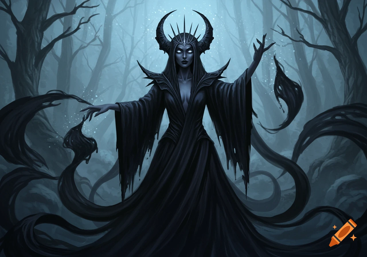 A dark goddess with glowing eyes, horns, and flowing black robes stands in an eerie forest, manipulating shadowy tendrils.