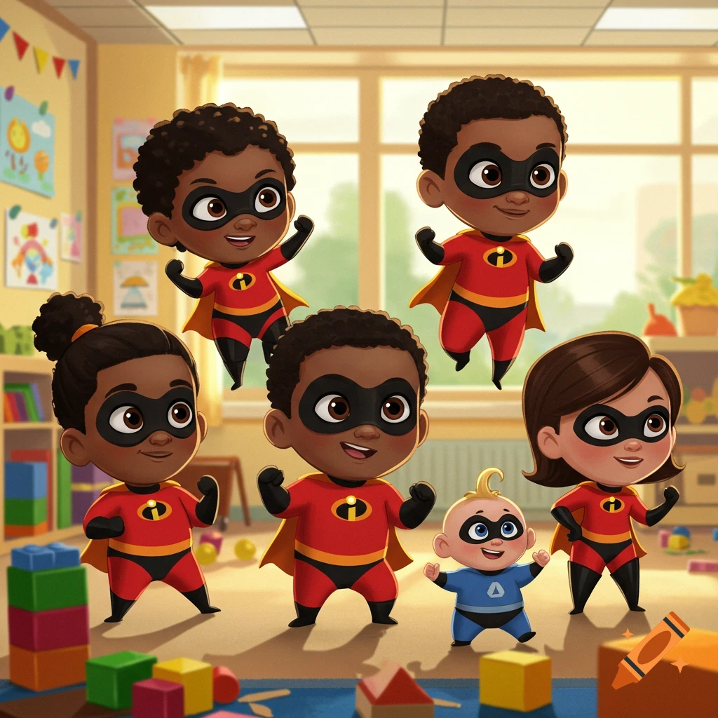 Clipart of six diverse children dressed as The Incredibles superheroes in a bright kindergarten classroom.