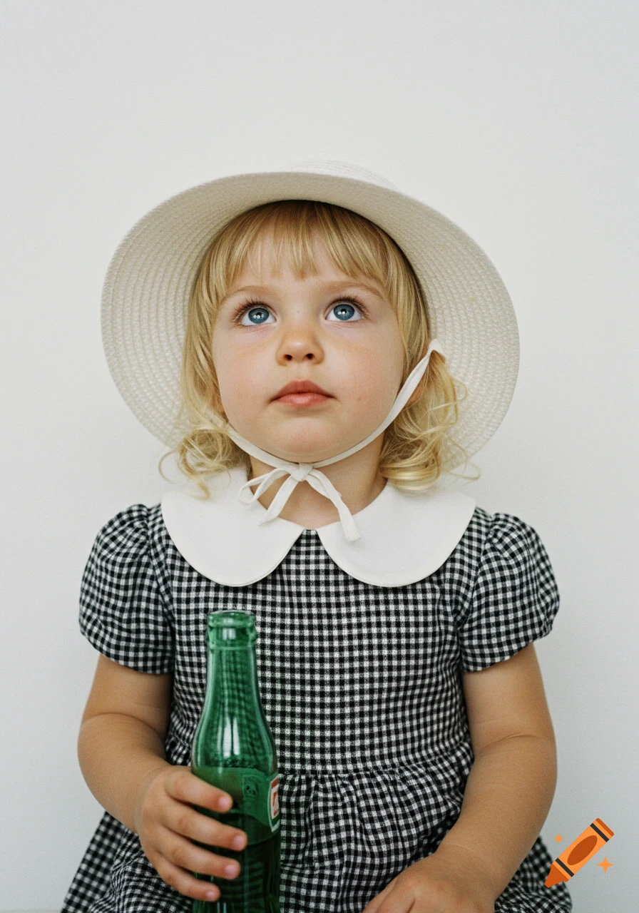 A 1990s style photo of a blonde girl in a plaid dress and white sunhat, holding a green soda bottle and looking up.