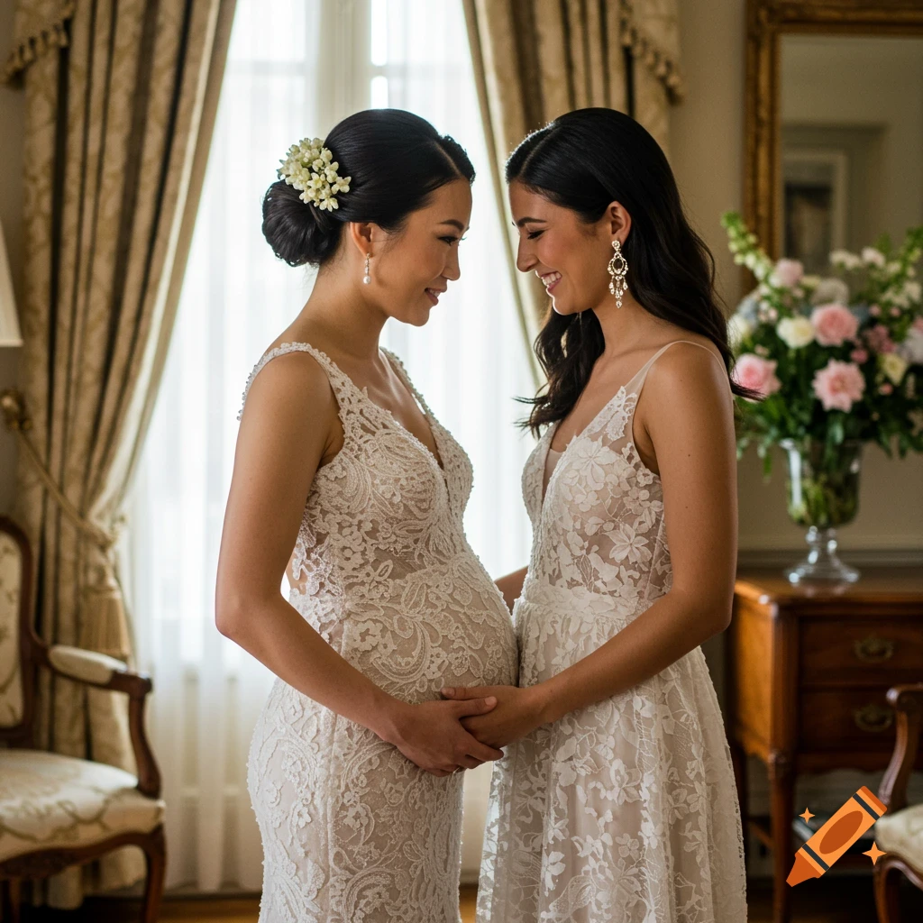 Two women in wedding dresses, one pregnant, stand smiling and looking at each other in an elegant room.
