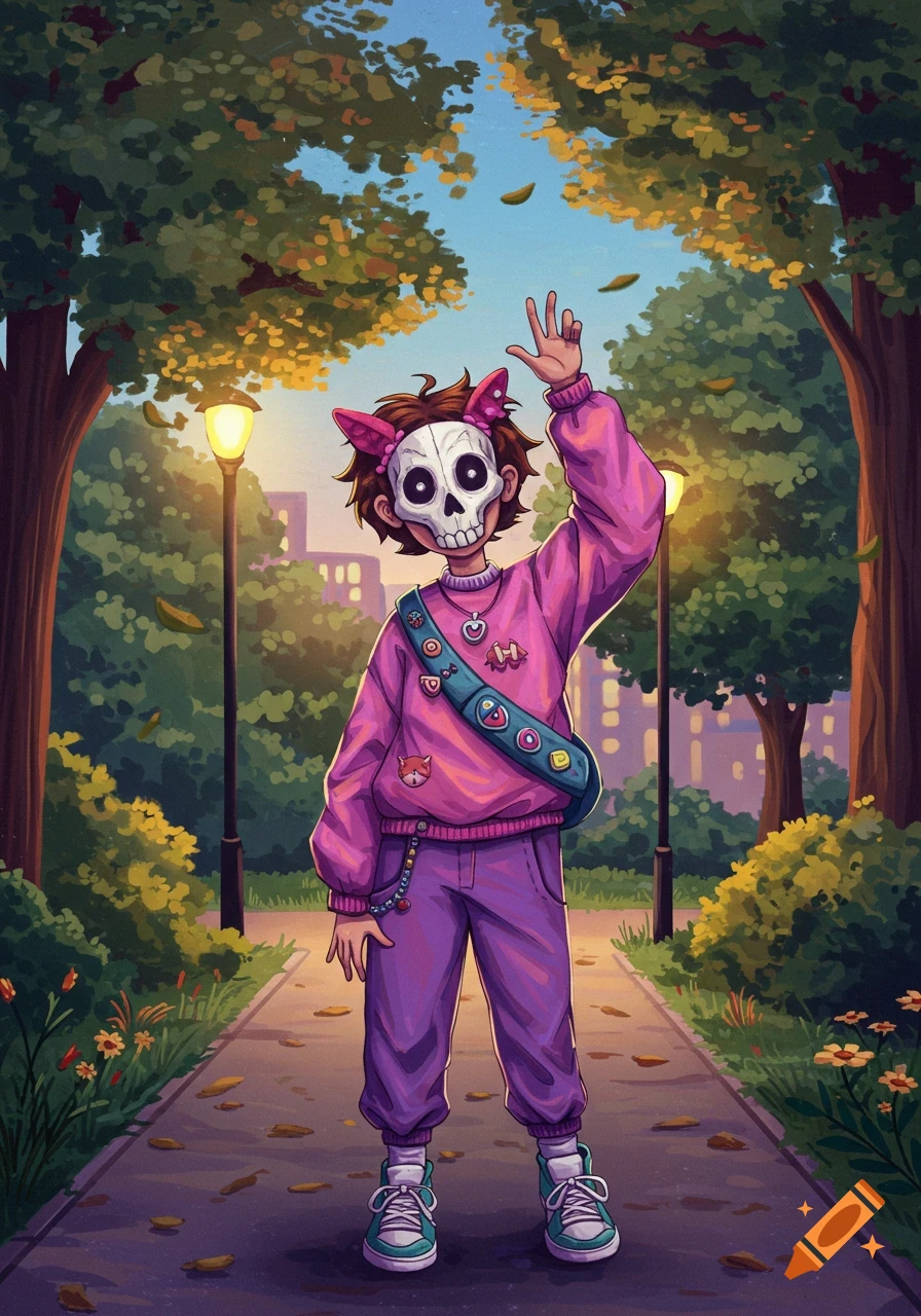 Vibrant cartoon illustration of a character with a skeleton mask and pink cat ears, wearing a pink sweater and purple pants, waving in a park.