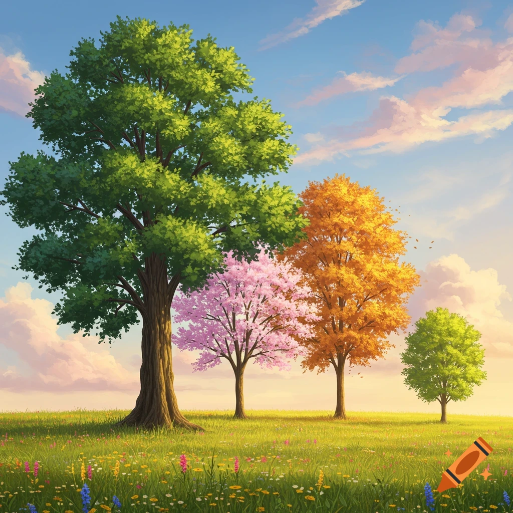 Four trees with varying foliage colors stand in a vibrant green field with wildflowers under a clear sky.
