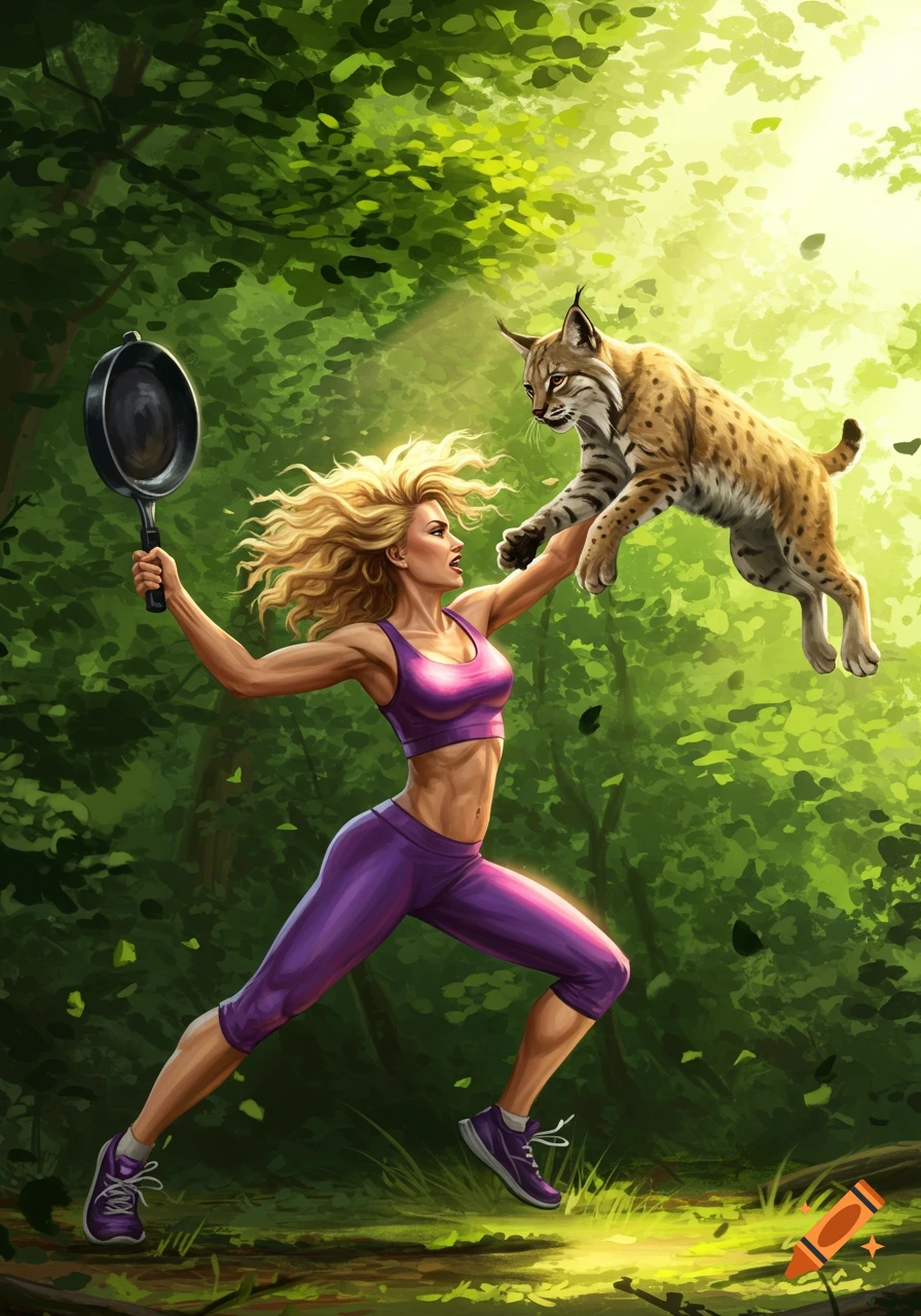 An illustrative image of a blonde woman in purple athletic wear holding a frying pan, confronting a leaping bobcat in a bright forest.