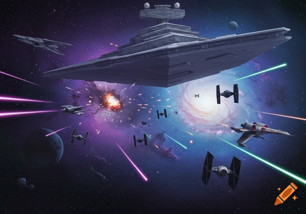 A large Star Destroyer battleship dominates a vibrant space battle scene with TIE fighters, X-wings, laser blasts, and explosions against a colorful spiral galaxy.