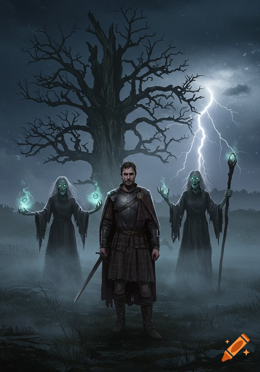 A man in armor with a sword stands between two pale-faced witches in a misty, dark forest with a lightning-struck tree.