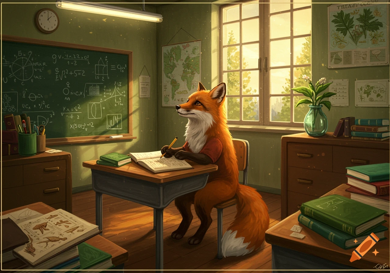 An anthropomorphic fox sits at a desk in a classroom, writing in a book, with a blackboard and large windows in the background.